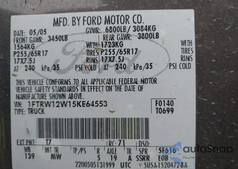 2005 Ford F150 Supercrew from USA, damaged, VIN 1FTRW12W15KE64553